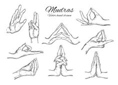 hand gestures drawn in various positions and shapes with the words mudras written on them