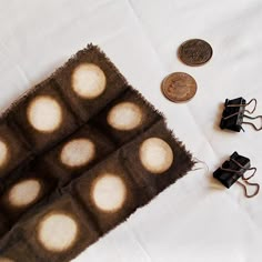 two pairs of shoes are sitting next to some coins