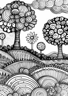 a black and white drawing of trees with swirly clouds in the sky above them