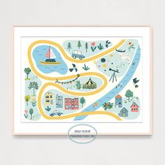 an illustrated map with cars, boats and houses on it in pastel blue tones