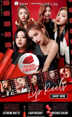 an advertisement for lipstick is shown on the side of a red background with black and white images