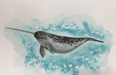 a painting of a whale swimming in the ocean with blue and white watercolors