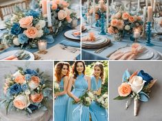 the bridesmaids are dressed in blue and peach