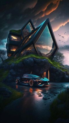 a car parked in front of a futuristic house on top of a hill next to a body of water