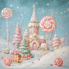 a painting of a christmas scene with candy canes and a castle in the background