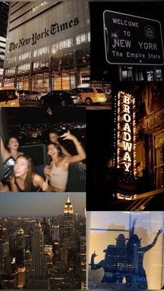 the new york times building is lit up at night and people are posing for pictures