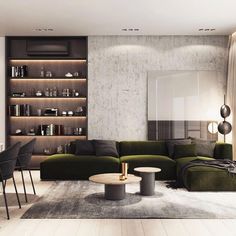 a living room filled with furniture next to a tall book shelf full of books on top of it