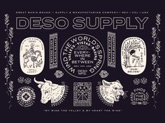 a black and white poster with various symbols on it, including the words deso supply