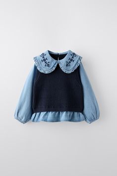 COMBINATION KNIT VEST AND SHIRT - Navy blue | ZARA United States Stylish Baby Girl Outfits, Stylish Baby Girls, Lily Calloway, Boy Girl Twins, Zara Portugal, Bib Collar, Waistcoat Dress, 7 Months, Zara Kids