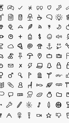 a large set of icons that are black and white, with different symbols on them