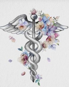 a medical symbol with flowers and butterflies on it's side, painted in watercolor