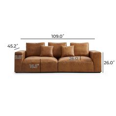 a couch with three pillows on it and measurements for the seat height chart in front of it