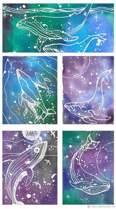 four watercolor paintings with different shapes and colors