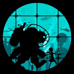 the silhouette of a person standing in front of a window with an image of a scuba diver