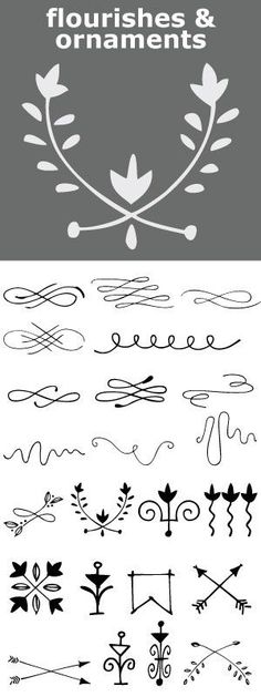 the different types of flourishes and swirls are shown in black and white, with text