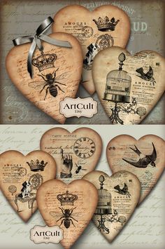 heart shaped tags with different designs on them