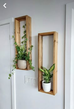 two wooden boxes with plants in them on the wall