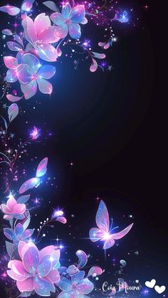 an image of flowers and butterflies on a dark background with sparkles in the air