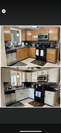 two pictures of the same kitchen in different stages of being remodeled and updated with new appliances