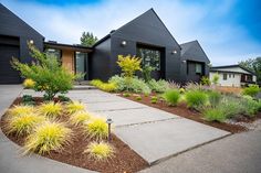 a modern house with black exterior and landscaping