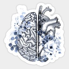 the human heart and brain are depicted in this artistic sticker, with blue watercolors