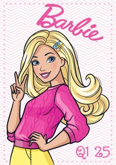 barbie doll with blonde hair and pink sweater holding her hand up in the air while smiling