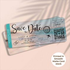 save the date ticket with palm leaves and watercolors on it, in front of a pink background