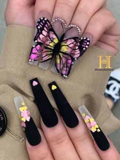 Matte Butterfly Nails, Nails Photo, Butterfly Nails, Long Acrylic Nail Designs, Butterfly Nail Art, Purple Hearts