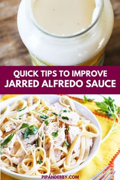 Collage of jar of alfredo sauce at top and bowlful of chicken alfredo at bottom. Recipe Using Alfredo Sauce, Chicken Alfredo Sauce Recipe, Alfredo Pasta Recipes Easy, Easy Chicken Fettuccine Alfredo, Fettucini Alfredo Recipe, Fettuccine Alfredo Sauce, Chicken Alfredo Sauce, Simple Chicken Alfredo Recipe, Jarred Alfredo Sauce