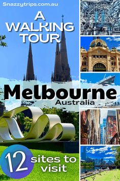 the cover of a walking tour in melbourne, australia with pictures of buildings and architecture