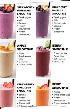 an image of different smoothie drinks with names in the bottom right corner and pictures below