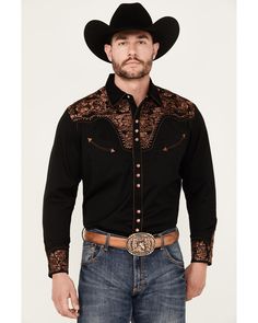 Scully Men's Embroidered Gunfighter Long Sleeve Snap Western Shirt , Black Western Outfits Dress, Western Wedding Mens Attire, Wedding Mens Attire, Western Suits, Dress Up Day, Mens Attire, Cowboy Style, Western Wedding, Western Shirt