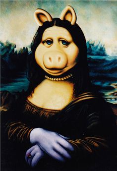 a painting of a woman with a cow face on it's head and hands