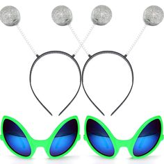 three green sunglasses with matching headbands and balls on the top one has blue mirrored lenses