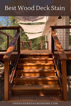 wooden steps leading up to a deck with text overlay that reads best wood deck stain