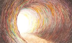 a drawing of a light at the end of a tunnel that is filled with colored crayons