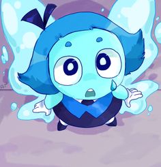 a cartoon character with blue hair and big eyes