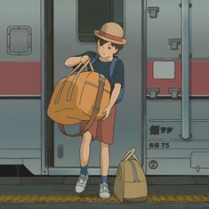 a person with a bag standing in front of a train