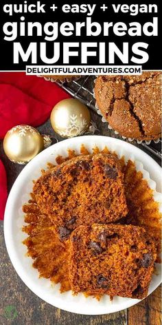 gingerbread muffins on a white plate with christmas decorations in the background and text overlay