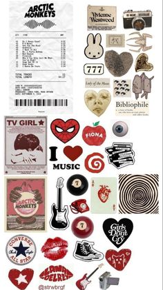 various stickers and decals are arranged on a white background, including the words'i love music '