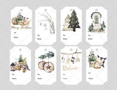 christmas gift tags with watercolor trees and presents on them, all decorated in different styles