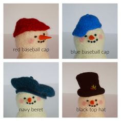 four snowmen with different hats on their heads and names in the same language, including red, blue, baseball cap, navy beret, black top hat