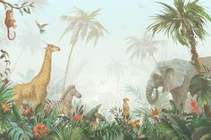 an image of a jungle scene with giraffes, zebras and monkeys