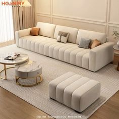 a living room filled with furniture and a white rug