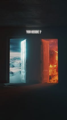 an open door leading to another room with fire in the sky and water on it