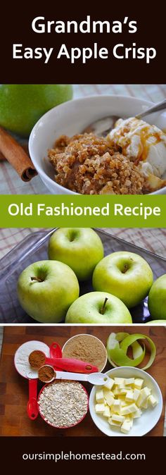 an old fashioned recipe for grandma's easy apple crisp with apples, oatmeal and cinnamon