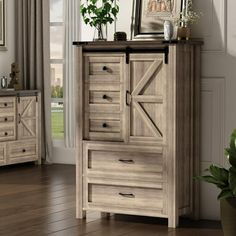 a wooden cabinet with two doors and drawers in a room next to a potted plant