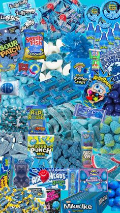 a collage of blue and green candies