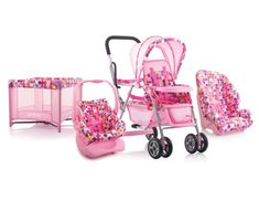 a pink stroller and two baby carriages with polka dots on it's sides