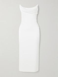 ALEX PERRY Strapless draped satin-crepe midi dress | NET-A-PORTER Pre-draped Ruched Dresses For Date Night, Pre-draped Satin Dresses With Draped Sleeves, Pre-draped Draped Dress For Night Out, Asymmetrical Midi Dress For Wedding, Elegant Fitted Draped Midi Dress, Chic Crepe Maxi Dress, Pre-draped Knee-length Evening Midi Dress, Ruched Pre-draped Dress For Date Night, Elegant Asymmetrical Maxi Dress With Ruched Bodice